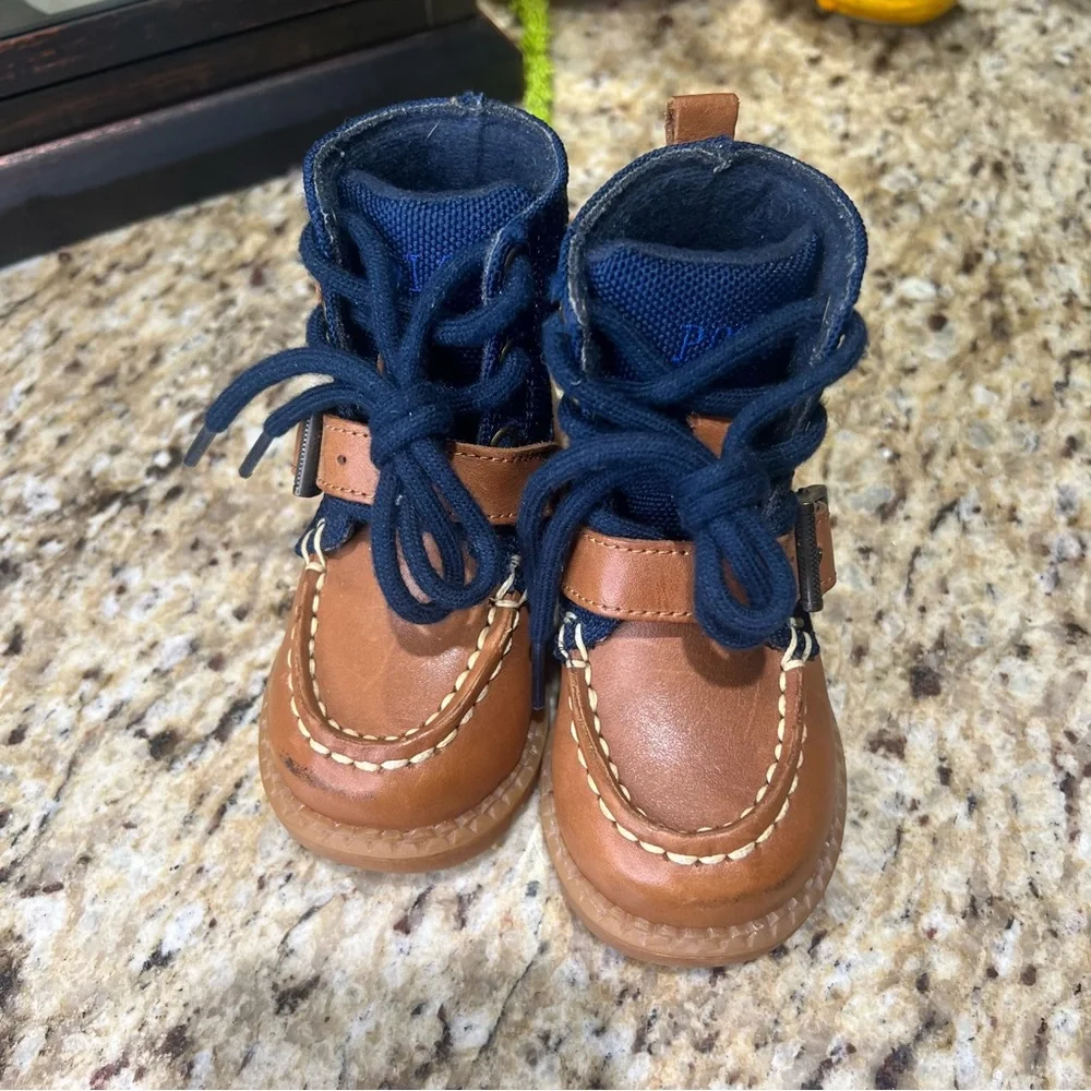 Polo Ralph Lauren Kids Hi Ranger  Flat Tan Brown Navy Blue Boots 4